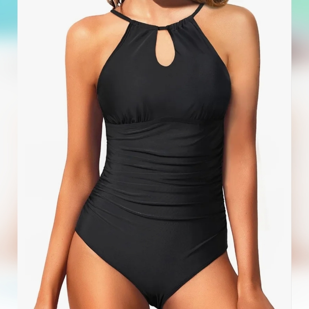 One-piece swimsuit with keyhole cutout black Sz‎ M